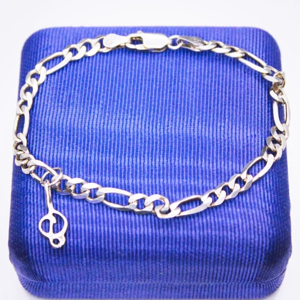 925 ITALY Sterling Silver FIGARO Chain Bracelet with Musical CLEF Note CHARM
